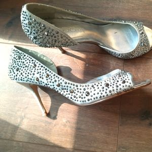 Silver Satin Sparkly Jewelled Heels
